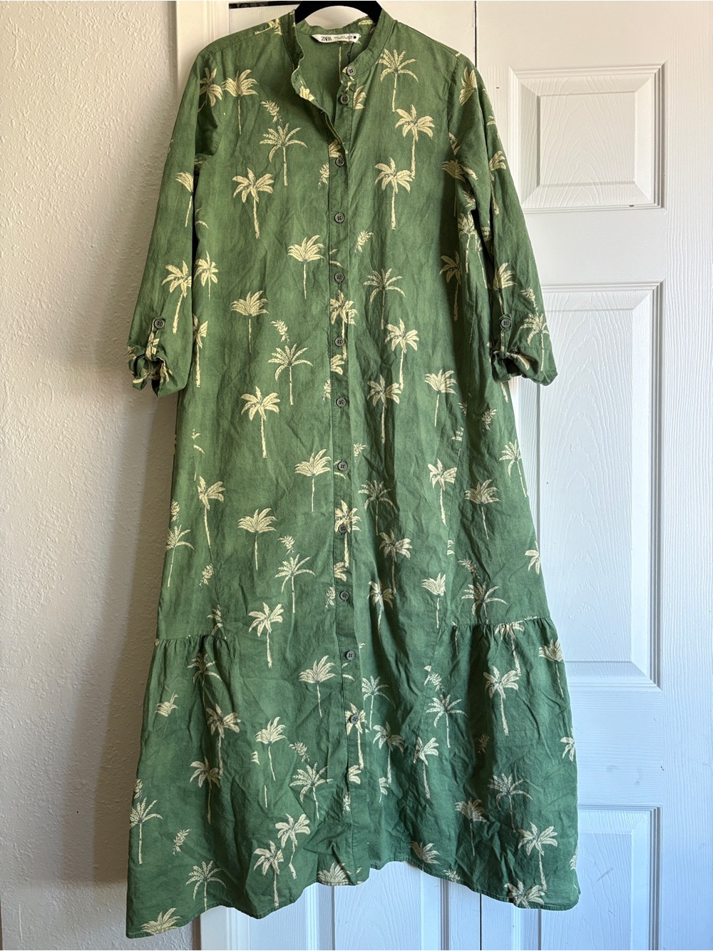 Zara Green Palm-Print Button-Front Maxi Midi Dress